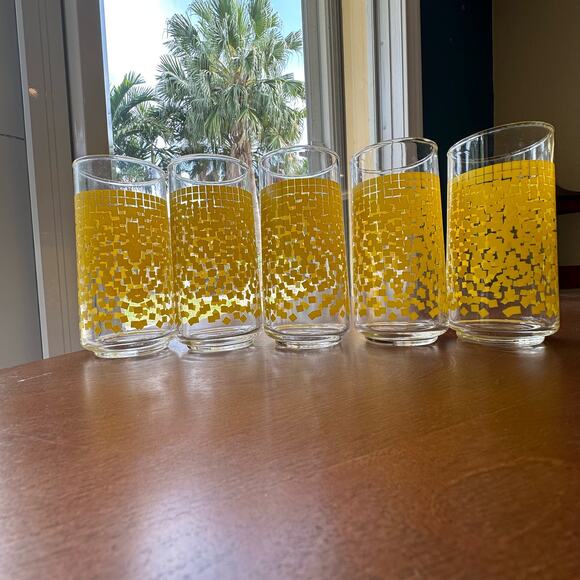 Vintage Yellow Water Glasses Tumblers Cascading Squares Set of 5 - Picture 6 of 8